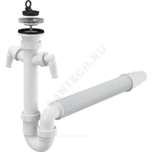 Сифон для кухонной мойки трубный 1 1/2"x40 с гофрой 40х50/40 с 2-мя отводами (штуцерами) выпуск с нержавеющей решёткой D=70мм Alca Plast A840-DN50/40