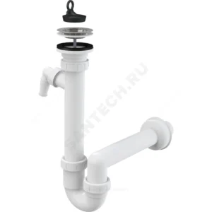 Сифон для кухонной мойки трубный 1 1/2"x40 с прямой трубкой 40 с отводом (штуцером) выпуск с нержавеющей решёткой D=70мм Alca Plast A810-DN40