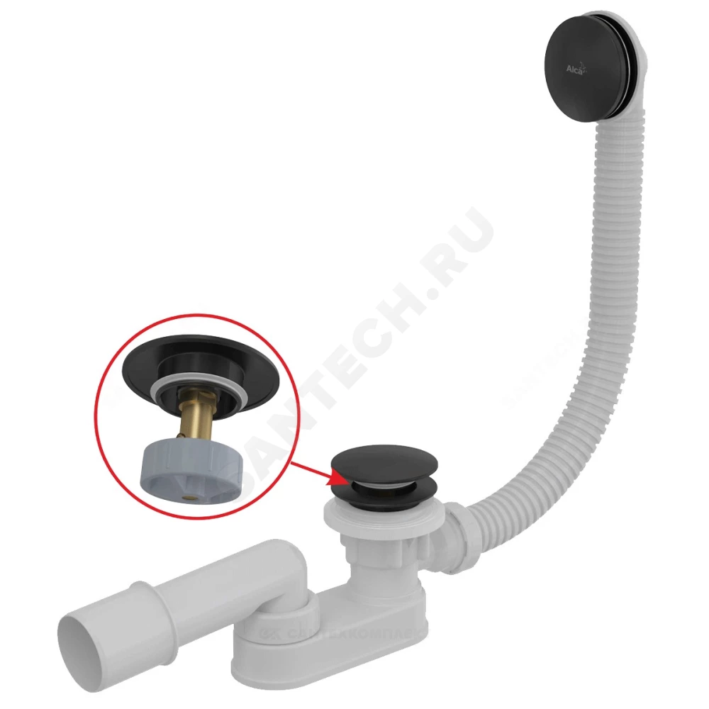 Слив-перелив для ванны плоский автоматический 1 1/2"x40 с переходной трубкой 10гр 40/50 слив клапан "клик-клак", пробка D=70мм Alca Plast A507BLACK-120