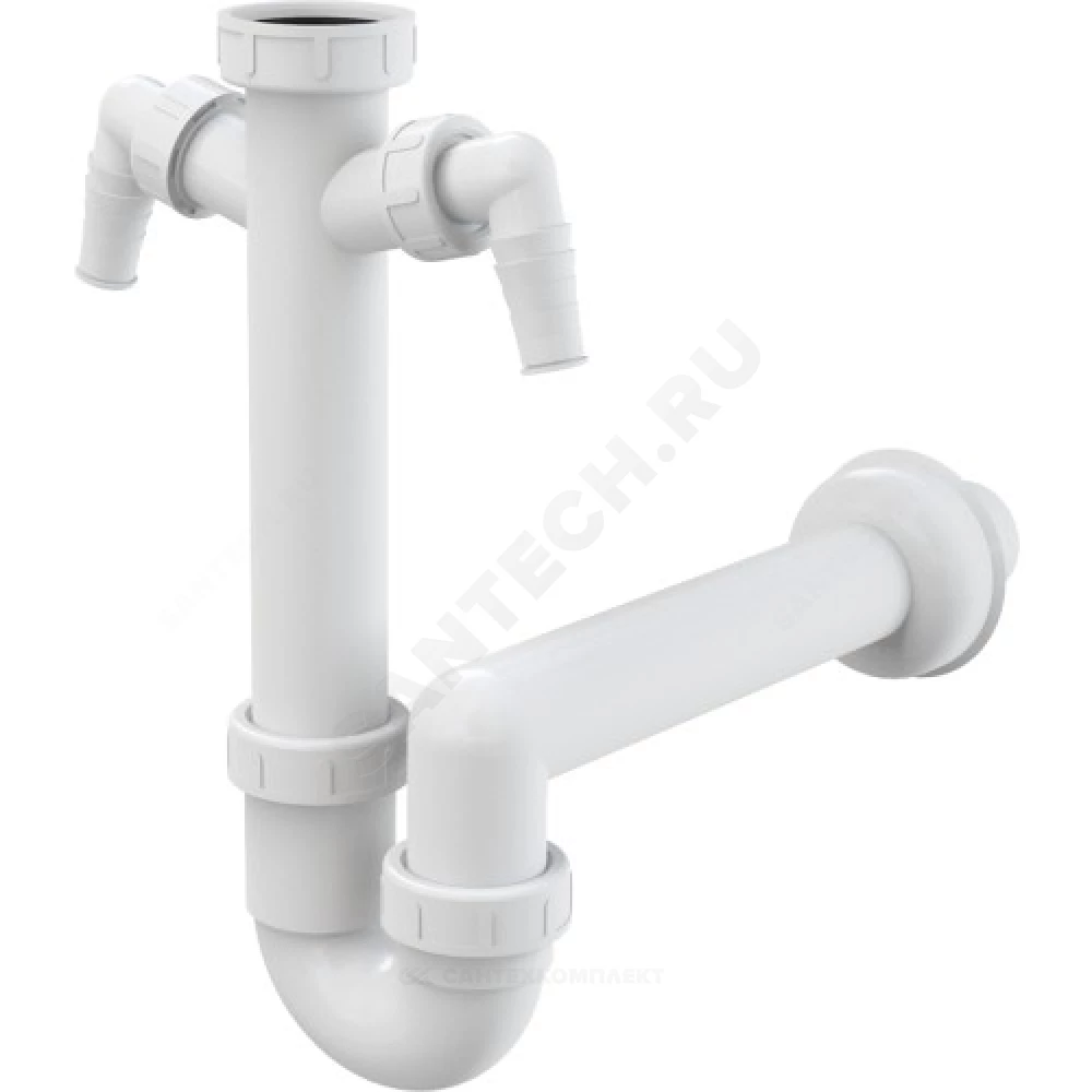 Сифон для кухонной мойки трубный 1 1/2"x40 с прямой трубкой 40 с 2-мя отводами (штуцерами) без выпуска Alca Plast A82-DN40