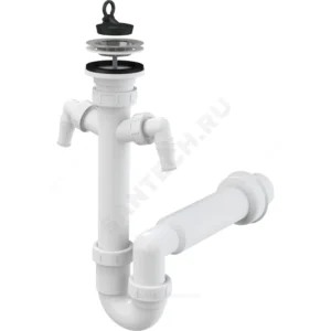 Сифон для кухонной мойки трубный 1 1/2"x40 с прямой трубкой с 2-мя отводами (штуцерами) выпуск с нержавеющей решёткой D=70мм Alca Plast A820-DN50