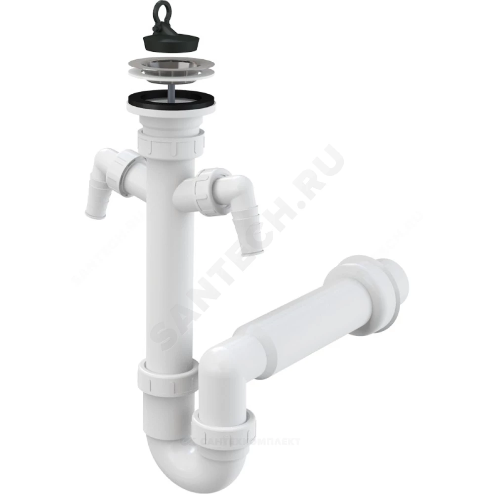 Сифон для кухонной мойки трубный 1 1/2"x40 с прямой трубкой с 2-мя отводами (штуцерами) выпуск с нержавеющей решёткой D=70мм Alca Plast A820-DN50