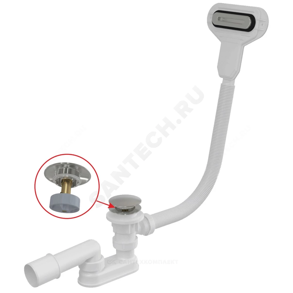 Слив-перелив для ванны плоский автоматический 1 1/2"x40 с переходной трубкой 10гр 40/50 слив клапан "клик-клак", пробка D=70мм Alca Plast A516CKM-80