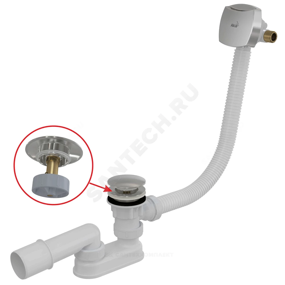 Слив-перелив для ванны плоский автоматический 1 1/2"x40 с переходной трубкой 10гр 40/50 слив клапан "клик-клак", пробка D=70мм Alca Plast A509CKM
