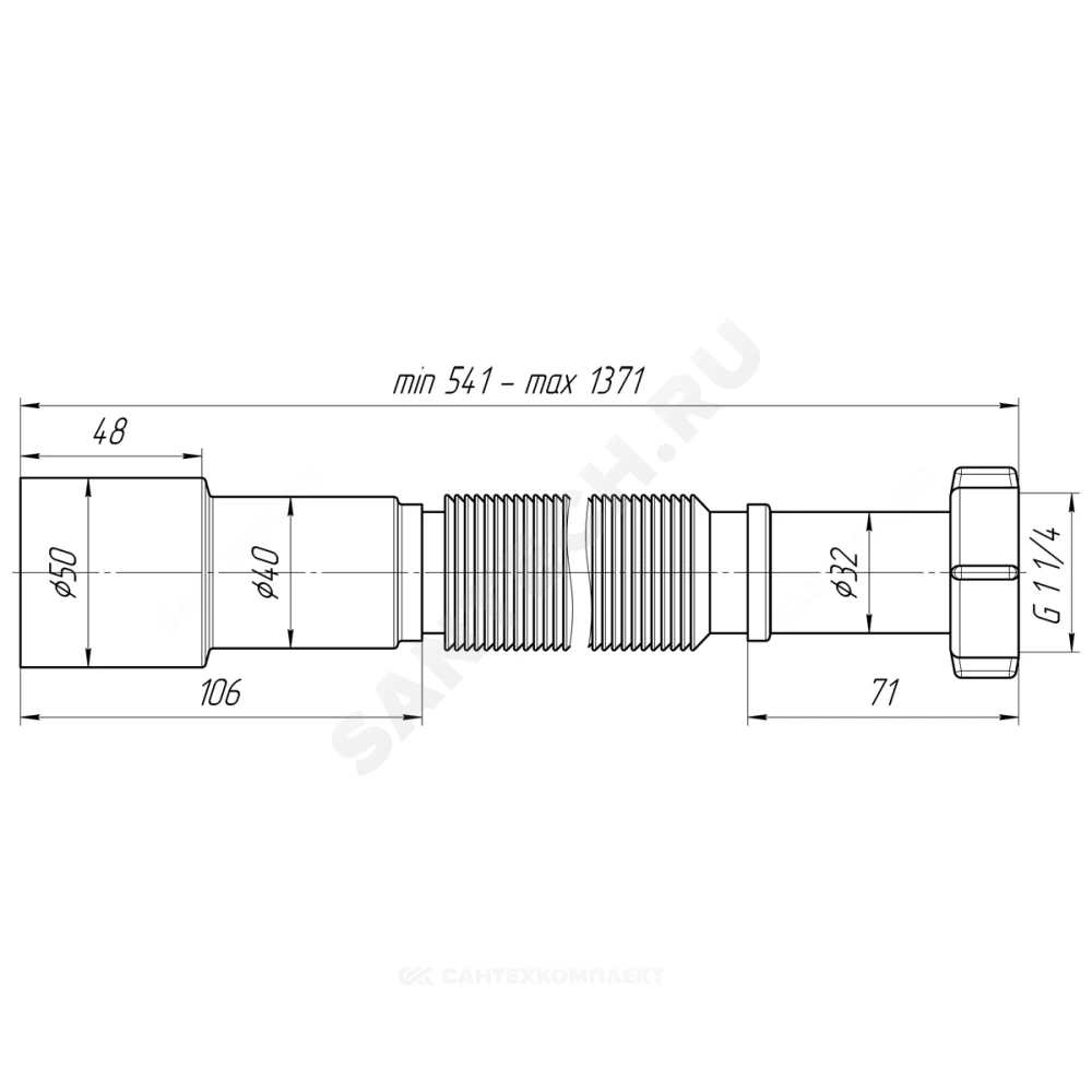 Гофра с гайкой 1 1/4"x40/50 L=541-1371мм АНИ Пласт K216